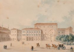 19th Century French School. Figures in a Courtyard, Watercolour, 5.75