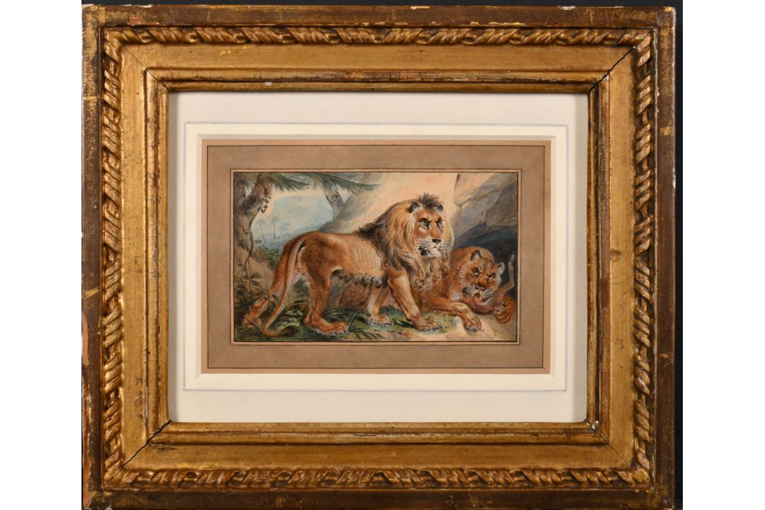 Follower of William Huggins (1820-1884) British. A Lion and Lioness at their Den, Watercolour and - Image 2 of 3