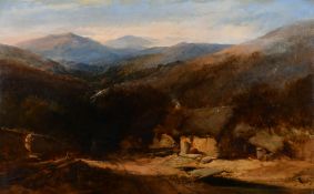 Henry Bright (1814-1873) British. Welsh Mountain View with Figures by a Croft, Oil on canvas, 12