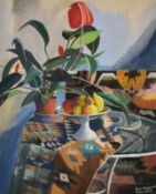 Paul Manousso (1930-2022) Greek. 'House Plant and Kilim', Watercolour and gouache, Signed and