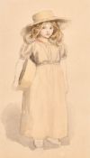Attributed to Kate Greenaway (1846-1901) British. 'Girl with a Summer Hat and Basket', Watercolour