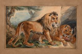 Follower of William Huggins (1820-1884) British. A Lion and Lioness at their Den, Watercolour and