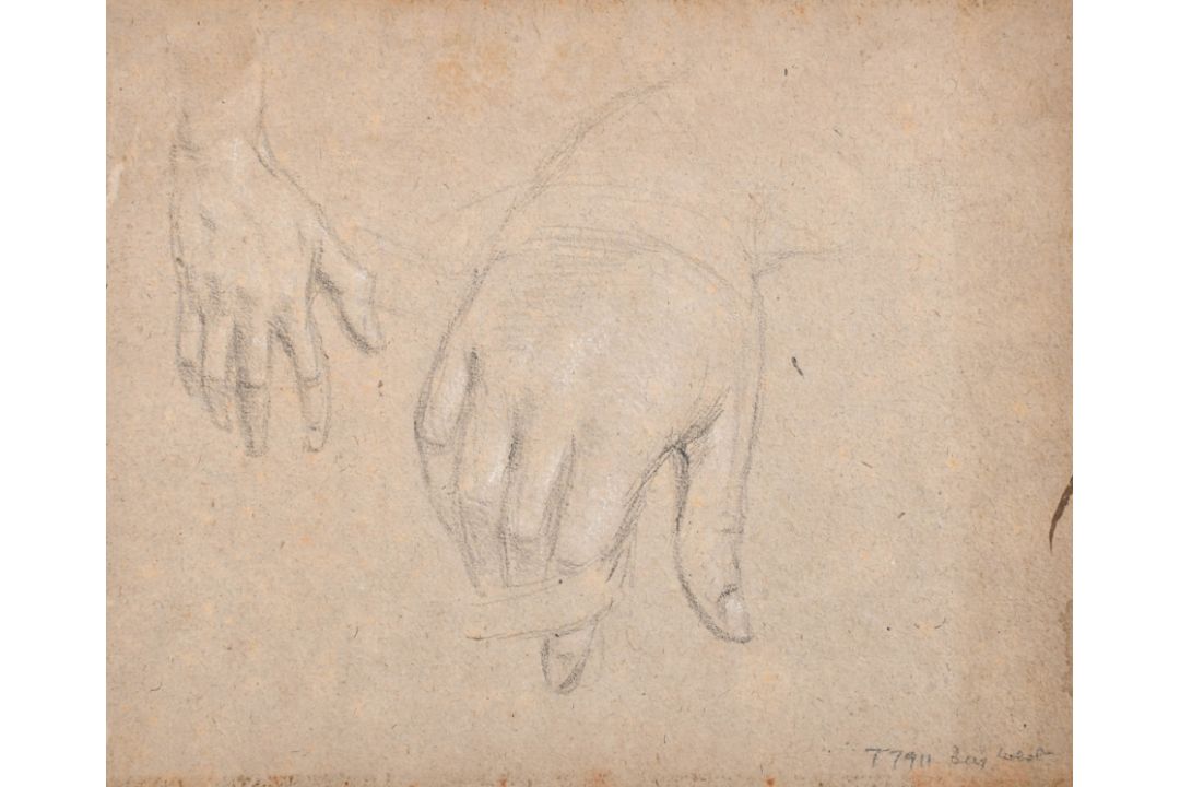 Attributed to Benjamin West (1738-1820) British. Studies of Hands, Chalk, with a study of a horse - Image 1 of 3