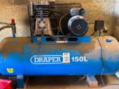 Draper 150L Receiver Mounted Air Compressor, Serial Number 21040086 & 2 Retractable Air Hose Reels (