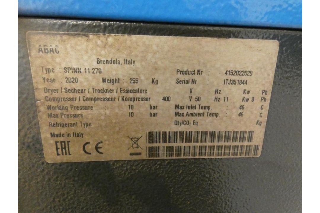 ABAC Spin Type 11 270 Receiver Mounted Air Compressor (2020), Serial Number ITJ351844, Capacity 10 B - Image 4 of 4