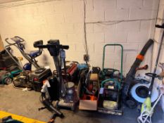 Contents of Rear Store Comprising: Two Makita Sliding Chop Saw, Two Whacker Plater, Generator, Honda