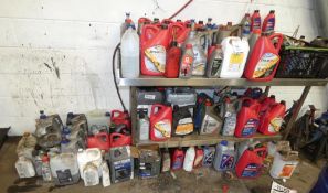 Stainless Steel Bench & Contents of Assorted Engine Oils (Most Quarter/Half Full) (Location: Penryn.