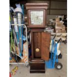 Medium Oak Long Cased Clock with Step Pediment, Turned & Reeded Side Columns to Hood, Painted