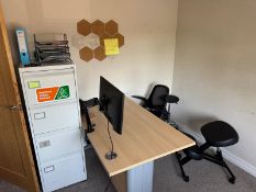 Remaining Contents of Office Comprising Workstation, Pedestal, Operators Mesh Back Chair, Two Benq