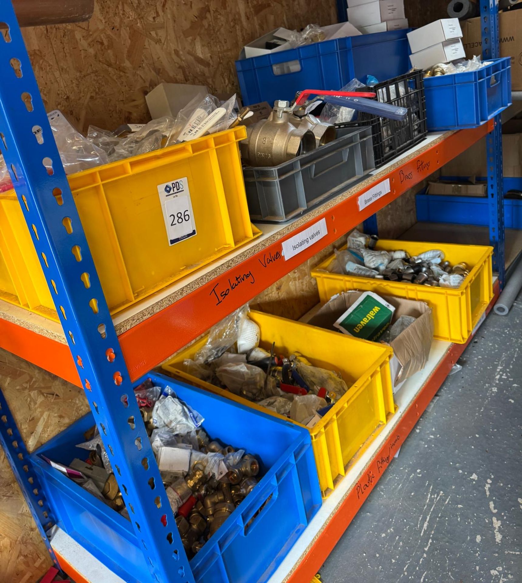 Contents of Two Shelves Comprising Brass & Steel Fittings, Valves, Five Lever Pump Valves, etc. (