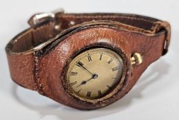 18ct gold plain key wind lever fob watch with Roman face, now with leather wristwatch type strap