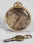 Continental 18ct gold outer cased key wind fancy fob watch with engine turned and engraved Roman