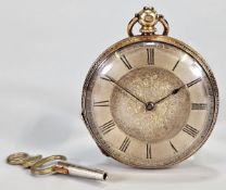 18ct gold key wind fancy fob watch with engine turned Roman face and foliate engraved decoration (
