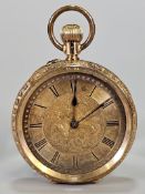 18ct gold open faced fancy keyless lever fob watch with engine turned Roman dial and foliate
