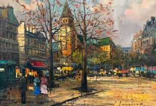 C Jacobini (contemporary), a sunlit Parisian square in Autumn, signed. Oils on canvas. 51x70cm