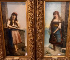 E Ferroni (19th century Italian School), portraits of country girls with mandolins, a pair,