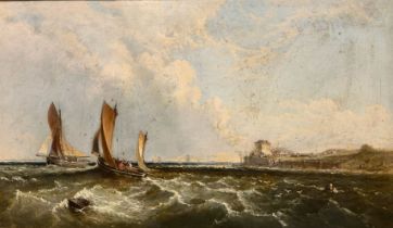 Attributed to William G Meadows (British 1825-1901), Dutch fishing smacks off a coastline on a