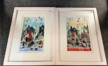 Sue F Howells (British born 1948), two urban landscapes with figures and balloons, a pair, signed.