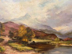 Fergus Grant (Scottish early 20th century), Scottish Glen with river, cottage and cattle watering,
