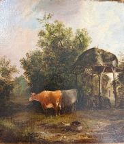 British School (18th/19th century), cattle near a rustic barn. Oils on canvas laid on oak panel.