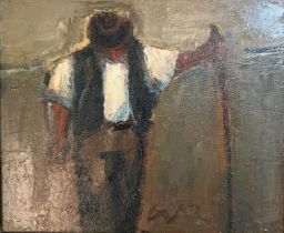 Will Roberts (Welsh, 1910-2000), Welsh farmer with stick, signed with initials and dated verso 1989.