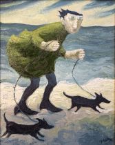 Muriel Delahaye (Welsh, contemporary), 'Walking The Dogs 1', signed, Attic Gallery label verso