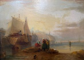 J Wilson Ewbank (British 1779-1847), fisher folk on a shoreline with beached boats, signed J