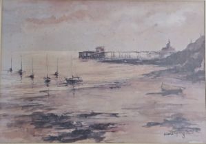 After Valerie Ganz (Welsh 1936-2015), 'Sunset Mumbles Pier', coloured print signed in the plate