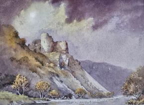 David Bellamy (Welsh 20th century), 'Cilgerran Castle, above the River Teifi', signed. Watercolours.
