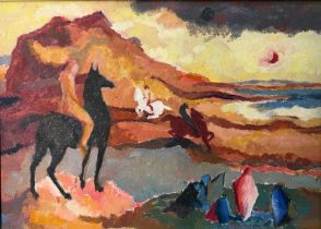 John Elwyn (Welsh 1916-1997), surreal landscape with horses and figures, inscribed verso John