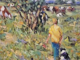 James S Brohan (Irish born 1952), figures in a sunlit meadow with cattle and distant landscape,