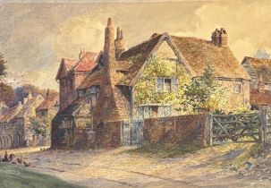William Monk, RE (British 1863-1937), a sixteenth century English village house with street scene