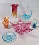 Collection of glassware to include: Murano style cranberry glass bowl and vase, marble design twin