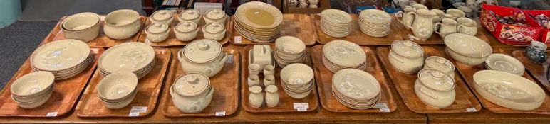 Twelve trays of Denby Stoneware 'Daybreak' dinnerware items to include: plates, bowls, tureens and