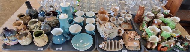 Four trays of assorted ceramics to include: Poole Pottery coffee service, Studio Pottery vases,