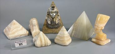 Collection of onyx and alabaster Egyptian themed busts and figurines, pyramids etc. (7) (B.P.