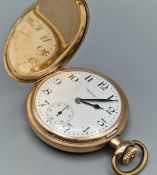 Gold plated Waltham full hunter keyless lever pocket watch. Arabic face with separate seconds