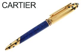 Cartier Kugelschreiber Edelstahl vergoldet mit Lapislazuli, mit Etui, Garantie und Zubehör