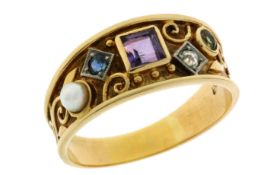 Ring 5,12g 750/- Gelbgold mit Diamant ca. 0,05 ct., Perle und verschiedenen Farbsteinen, Ringgröß...
