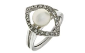Ring 6,48g 750/- Weißgold mit 20 Diamanten zus. ca. 0,20 ct. und Südsee-Zuchtperle, Ringgröße ca. 54