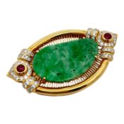 Brosche 19,37g 750/- Gelbgold und Weißgold mit 58 Diamanten zus. ca. 0,87 ct., Rubinen und Jade