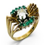 Ring 8,03g 585/- Gelbgold und Weißgold mit Diamant ca. 0,50 ct. und Smaragden, Ringgröße ca. 54