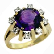 Ring 5,87g 585/- Gelbgold mit 8 Diamanten zus. ca. 0,16 ct. G/ vs und Amethyst, Ringgröße ca. 52