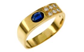 Ring 4,11g 750/- Gelbgold mit 6 Diamanten zus. ca. 0,12 ct. und Saphir, Ringgröße ca. 54,5
