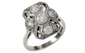 Ring 4,20g 750/- Weißgold mit Diamant ca. 0,20 ct. und 4 Diamanten zus. ca. 0,32 ct., Ringgröße c...