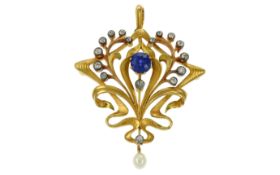 Anhänger 11,58g 750/- Gelbgold mit 16 Diamanten zus. ca. 0,48ct. H/si (Altschliff) , Saphir und P...