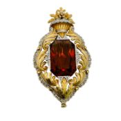 Brosche 12,46g 750/- Gelbgold und Weißgold mit Diamanten im Rosenschliff und Citrin