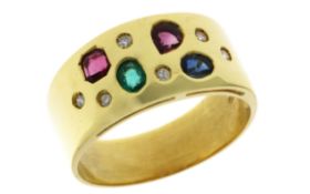Ring 6,38g 750/- Gelbgold mit 6 Diamanten zus. ca. 0,09 ct., Smaragd, Saphir und Rubinen, Ringgrö...