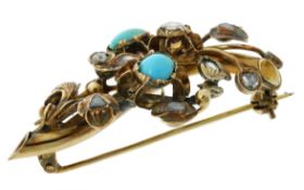 Brosche 7,48g 416/- Gelbgold mit Diamanten im Rosenschliff und Türkisen
