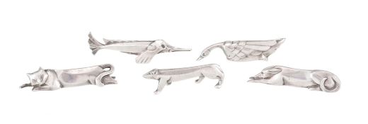 Suite de 5 porte-couteaux animaux en métal argenté Gallia, d'après Sandoz, long. de 8 à 11 cm